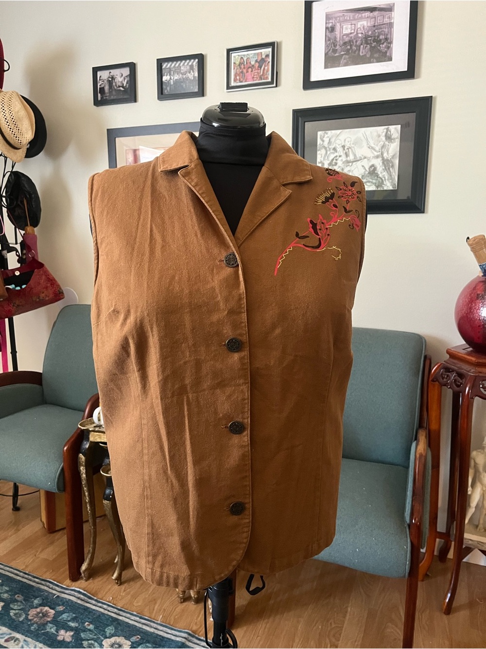 CJ Banks Brown Sleeveless Embroidered Vest